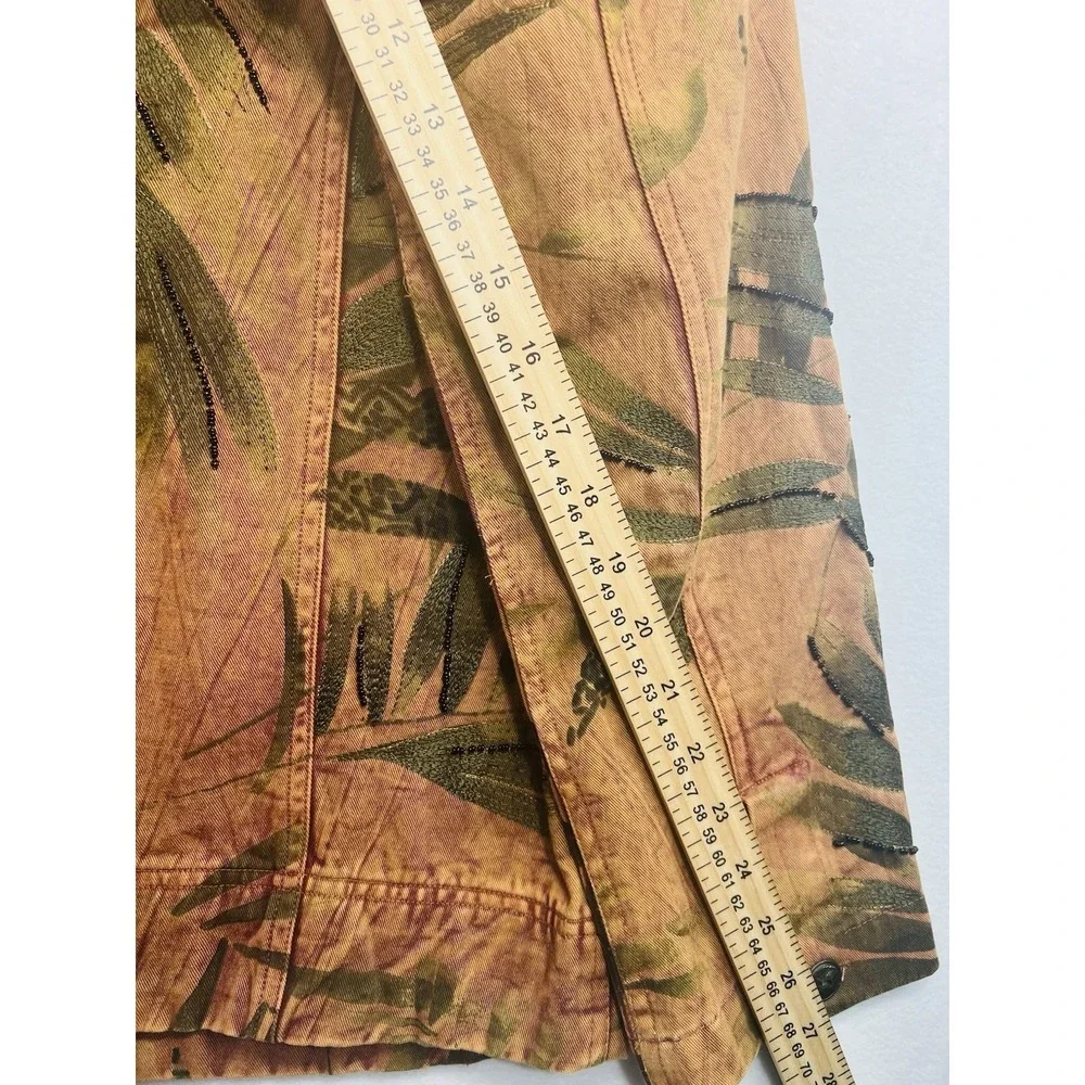 Chico's Design Womens Size 1/M Beaded Tropical Leaf Print Button Front Blazer